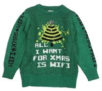Zelený sveter s nápismi a stromom F&F
