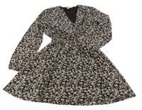 Čierno-bielo-ružové kvetované šifónové šaty