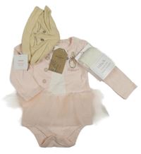 Nové - 3set - Světlerůžové body s králíčkem a tylovou sukní + punčocháče + béžová čepice s čumákem Tu