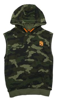Kaki-čierna army tepláková vesta s potlačou a kapucňou F&F