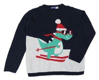 Tmavomodrý sveter s dinosaurem na lyžích Lupilu