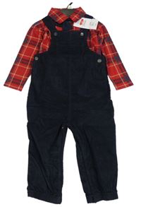 Nové - 3set - Tmavomodré laclové manšestráky + kostkované body + motýlek F&F