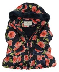 Tmavomodrá šusťáková zimní bunda s kytičkami a kapucí Monsoon