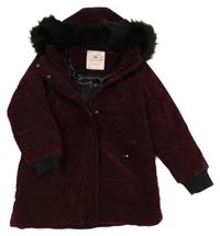 Vínový prošívaný semišový zimní kabát s kapucí s kožešinou George