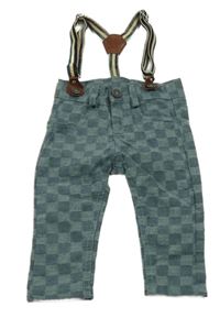 Zeleno-modrošedé kostkované kalhoty s kšandami