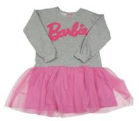 Šedo-růžové teplákovo/tylové šaty s nápisem - Barbie
