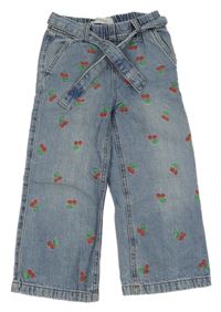 Modré wide leg rifle s třešněmi a páskem Denim Co.
