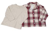 Nové - 2set - Rubínovo-sivo-biela kockovaná zateplená košeľová bunda + tričko F&F