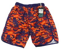 Tmavomodro-oranžovo-červené plážové kraťasy s palmami Ocean Pacific