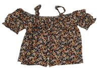 Černá crop halenka s kytičkami a volnými rameny Next