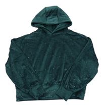 Tmavozelená zamatová trblietavá crop mikina s kapucňou