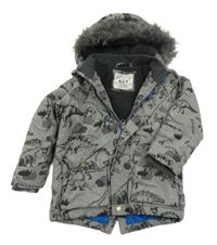 Sivá šušťáková zimná bunda s dinosaurami a kapucňou Next