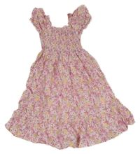 Světlerůžové plátěné žabičkové květované šaty 