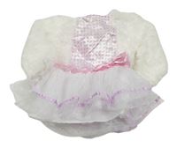 Kockovaným - Bielo-ružové chlupato/saténovo/tylové šaty s mašlou amscan