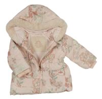 Svetloružová prešívaná šušťáková zimná parka s kvietkami a mašľami a kapucňou s kožešinou zn. Next