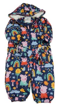 Tmavomodrá prešívaná šušťáková zimná kombinéza s Peppa Pig a kapucí + rukavice George
