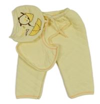 Nové - 3x - Žlté prešívané vyteplené tepláky + čapica s tučňáčkem + podbradník