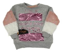 Nové - sivá melírovaná mikina s nápismi a metalickým potlačou a kožešinou