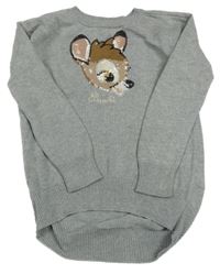 Sivý melírovaný dlhý sveter s Bambim z flitrů GAP