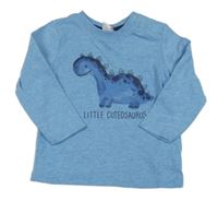 Modré melírované tričko s dinosaurom a nápisom dopodopo