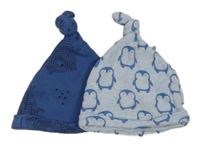 2x - Čepice - Modro/tmavomodrá s medvídky F&F, modro-bílá pruhovaná melírovaná s tučňáčky