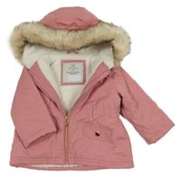 Růžová šusťáková zimní parka s volánky a kapucí s kožešinou George
