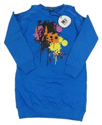 Nové - cobaltově modré teplákové šaty s lebkou a skvrnkami a volnými rameny MAYBEE