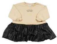 Světlebéžovo-černé teplákovo/koženkové šaty s nápisy ZARA