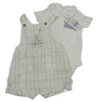 Nové - 2Set - Bllo-světlemodro/žluté kostkované mušelínové laclové kraťasy se sloníkem a kapsou + bílé body s límečkem 