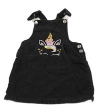 Čierne rifľové šaty s jednorožcom a vreckom PRIMARK