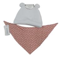 Nové - 2Set - Bílá žebrovaná čepice s medvídky a oušky Rock-a-Bye Baby + starorůžový kytičkvaný