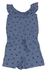 Tmavomodrý melírovaný kraťasový overal s palmami a volánikom alive