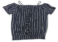 Tmavomodro-biele pruhované crop tričko s gombíkmi H&M
