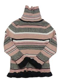 Starorůžovo-čierno-biely trblietavý pruhovaný rebrovaný svetrový rolák zn. Primark