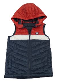 Tmavomodro-červeno-bílá prošívaná šusťáková zateplená vesta s kapucí Jack & Jones
