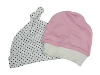 2x bavlněná čepice - biela s hvězdami + ružová