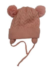 Starorůžová pletená čepice s bambulemi