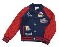 Tmavomodro-červený propínací svetr s nášivkami Rorie Whelan