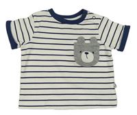 Bielo-tmavomodré pruhované tričko s vreckom s medvěďom