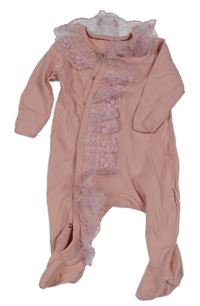 Ružový overal s tylovým volánikom s výšivkami květin