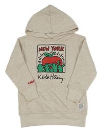Béžová melírovaná dlouhá mikina s potiskem a kapucí - Keith Haring