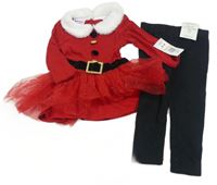 Nové - 2 set - čierne legíny + červená tunika s bielým chlpatým golierikom a tylem - Santa