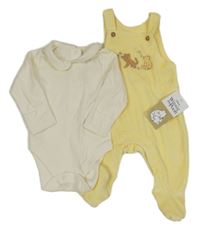 Nové - 2 set - bílé body + žluté sametové pruhované dupačky s Púem M&S