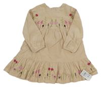 Nové - světlebéžové manšestrové šaty s výšivkami květů Mothercare