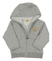 Sivo-biela kockovaná ľahká bunda s medvěďom a kapucňou