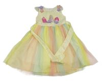 Žluto-modro-světlerůžové tylové šaty - jednorožec 