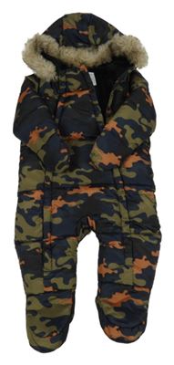 Tmavomodro-zelená army šusťáková zimní kombinéza s kapucí Primark