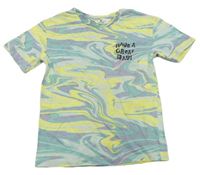 Žluto-mintové vzorované tričko s nápisem H&M