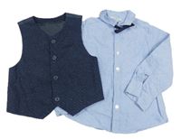 3set - Svetlomodrá košile + tmavomodrá vzorovaná vesta + modrý motýlok Urban