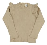 Béžový rebrovaný vzorovaný sveter s volánikmi LC Waikiki